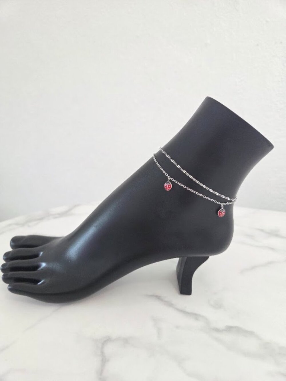 Dainty Ladybug Double Chain Anklet Silver Tone Minimalist Summer Jewelry - Picture 11 of 15